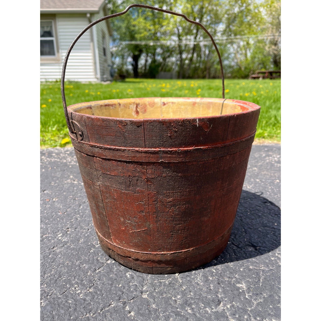 Antique Primitive 19th c Original Red Paint Wood Stave Sap Syrup Pail Bucket AAFA