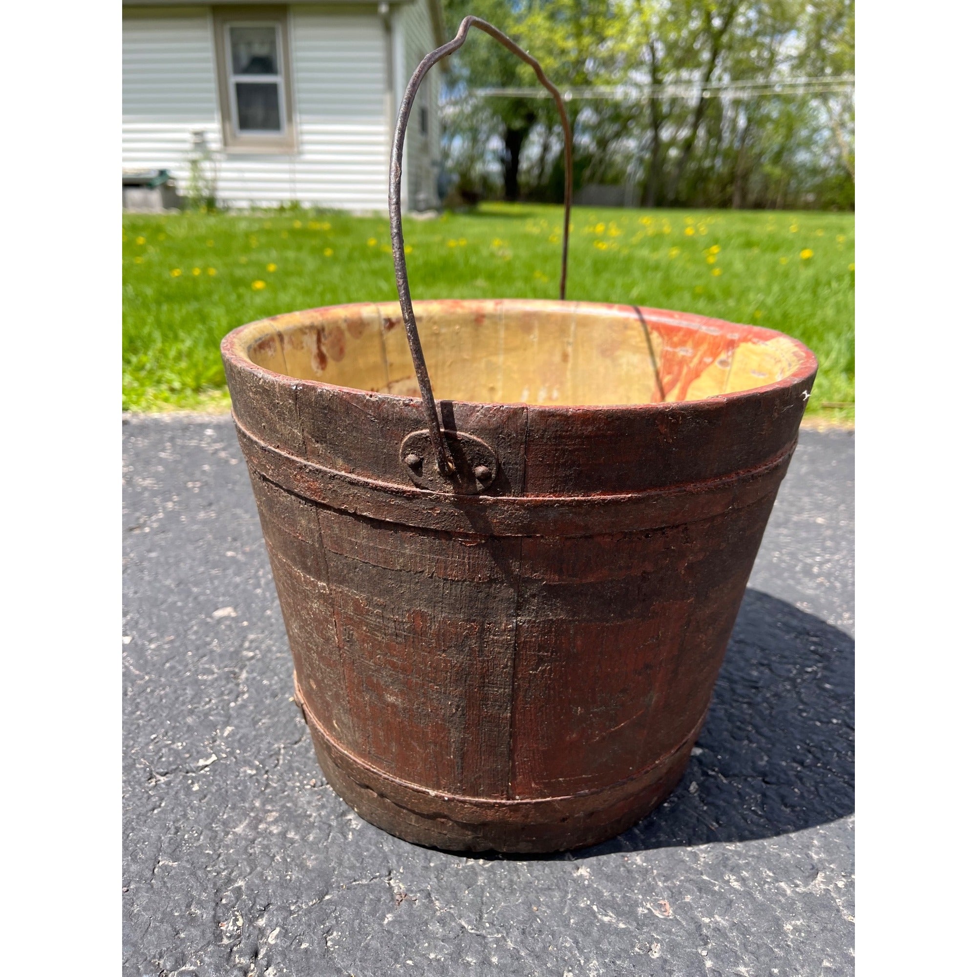 Antique Primitive 19th c Original Red Paint Wood Stave Sap Syrup Pail Bucket AAFA