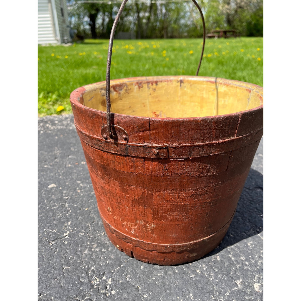 Antique Primitive 19th c Original Red Paint Wood Stave Sap Syrup Pail Bucket AAFA