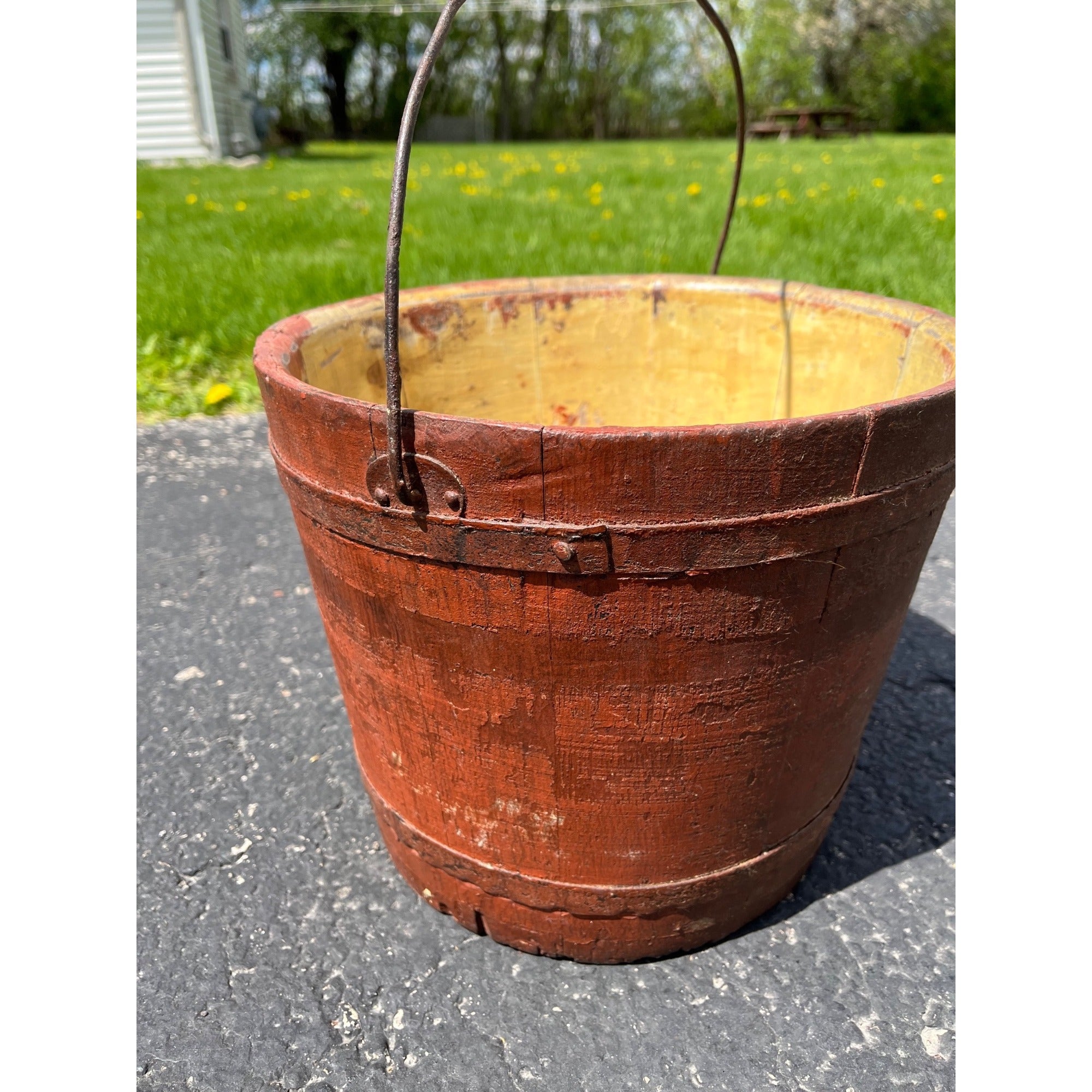 Antique Primitive 19th c Original Red Paint Wood Stave Sap Syrup Pail Bucket AAFA