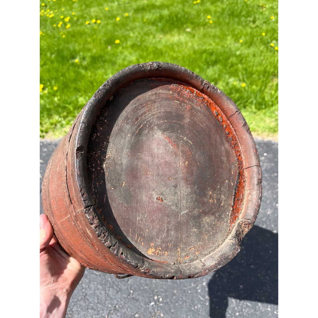 Antique Primitive 19th c Original Red Paint Wood Stave Sap Syrup Pail Bucket AAFA