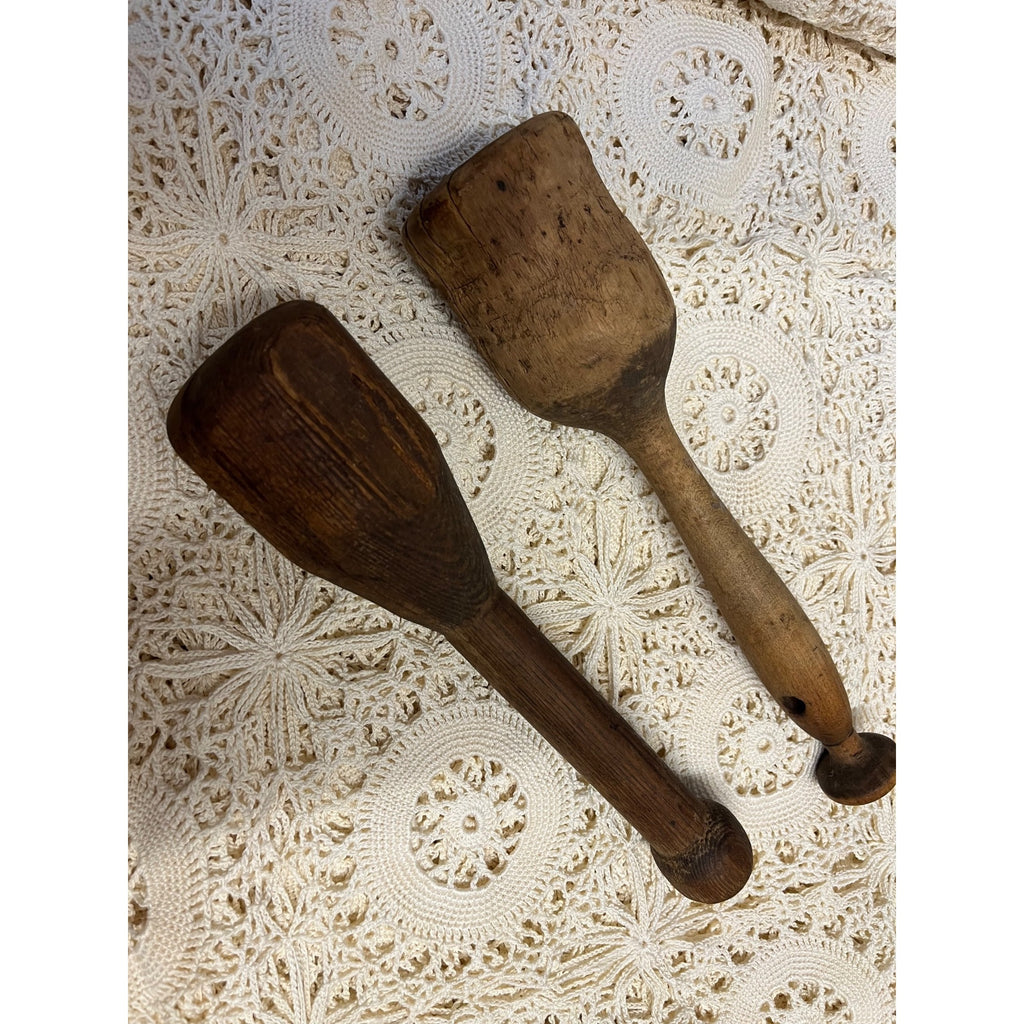Antique Primitive Lot (2) Wood Kitchen Food Mashers Handmade Carved AAFA Country Farmhouse Decor