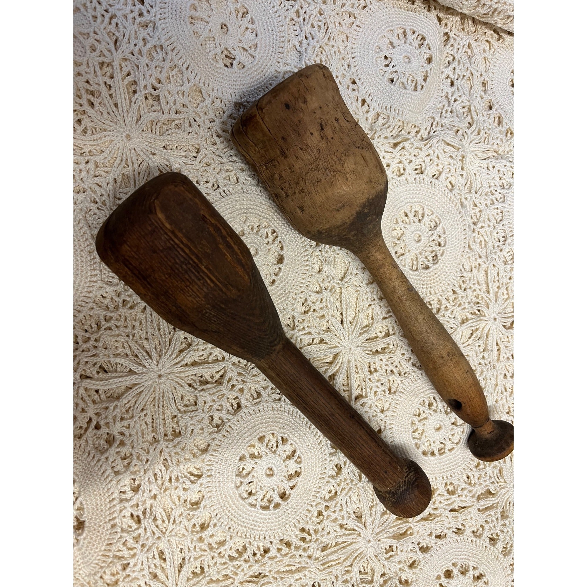 Antique Primitive Lot (2) Wood Kitchen Food Mashers Handmade Carved AAFA Country Farmhouse Decor