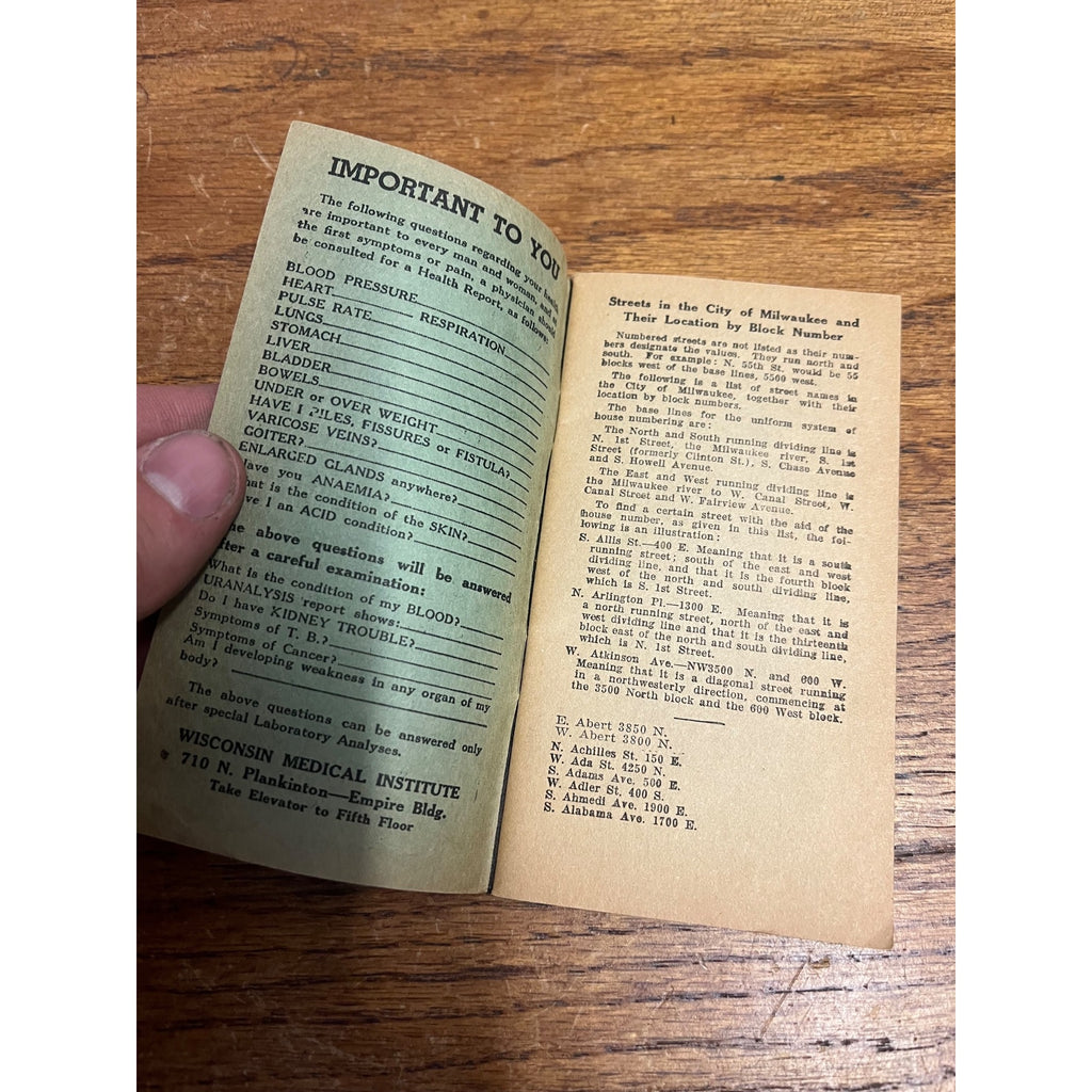 Vintage c1936 Milwaukee Directory Street Guide Booklet Travel Medical Info Ads