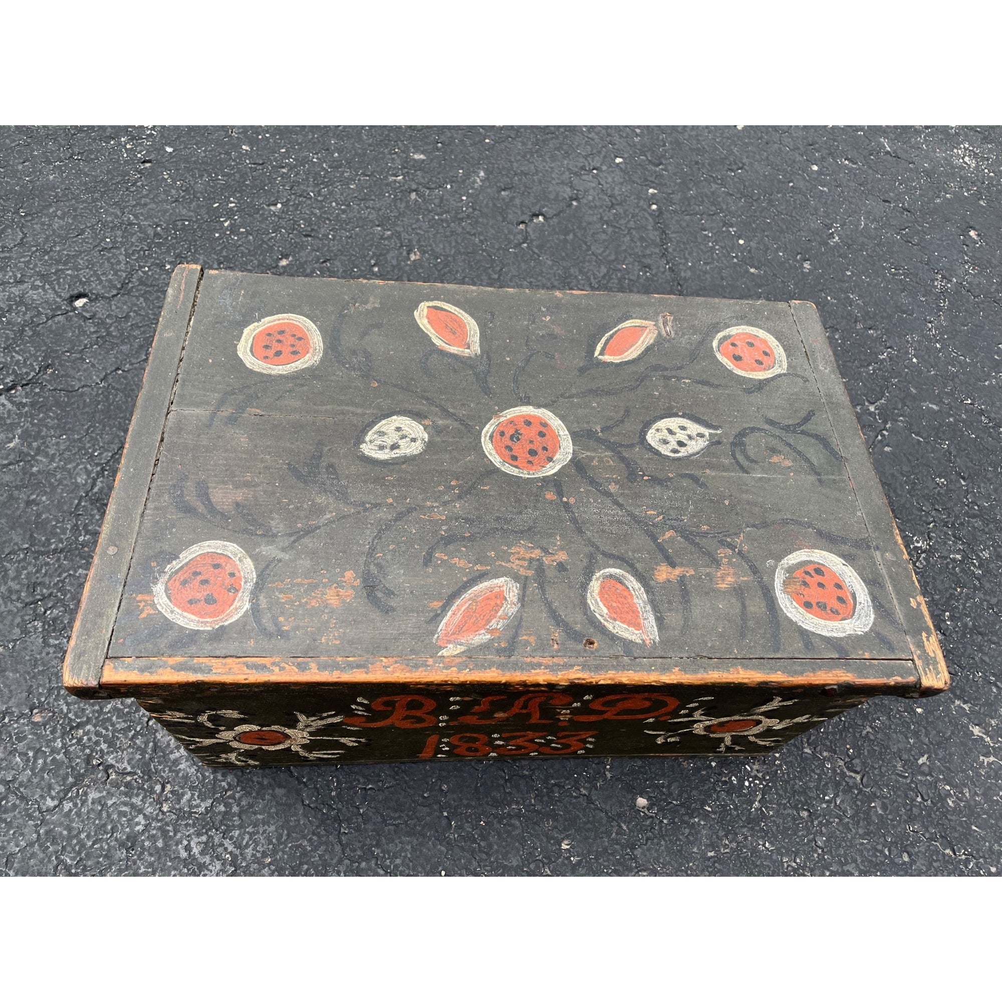 Antique Folk Art Painted Wooden Box Trunk 1833 Pennsylvania Storage Chest