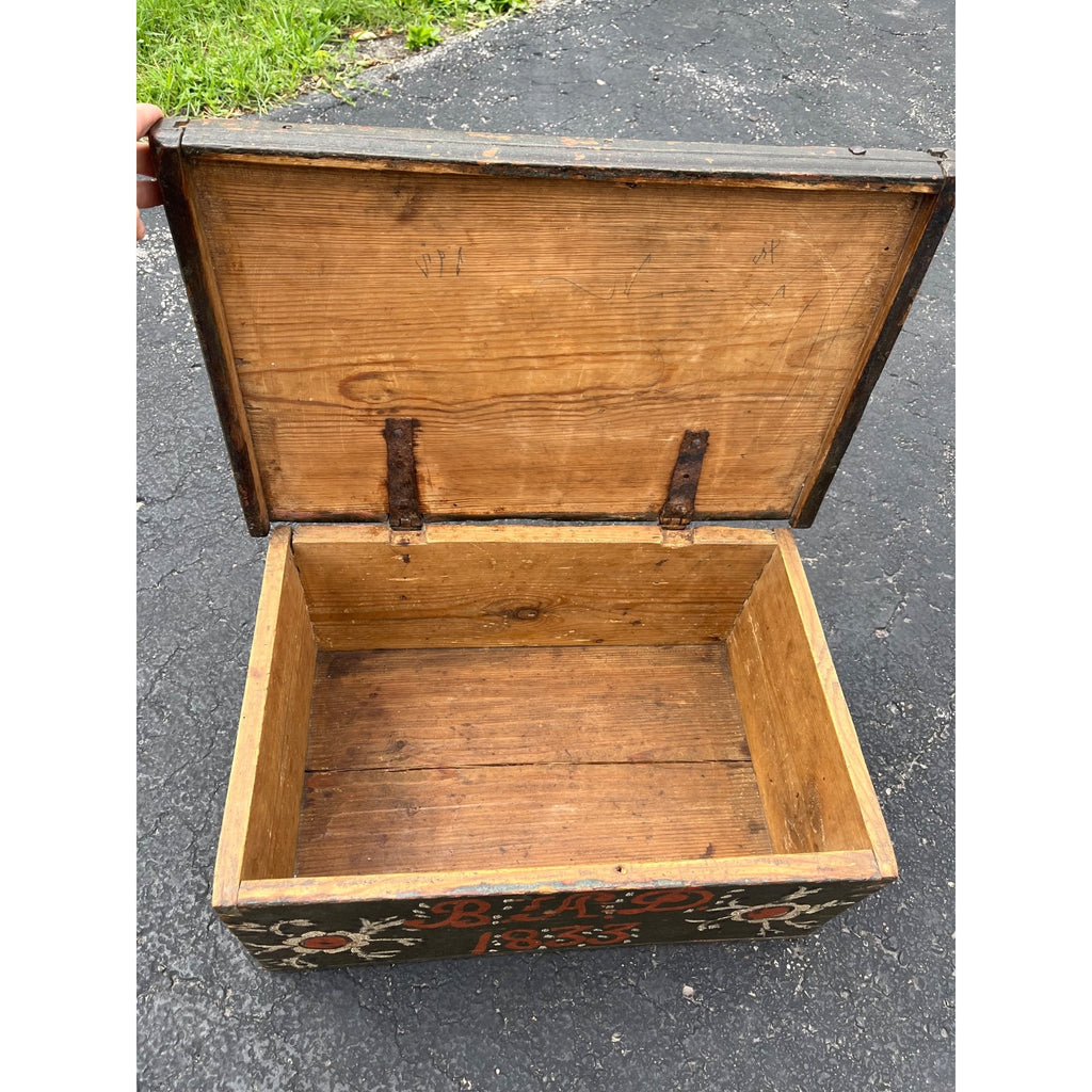 Antique Folk Art Painted Wooden Box Trunk 1833 Pennsylvania Storage Chest