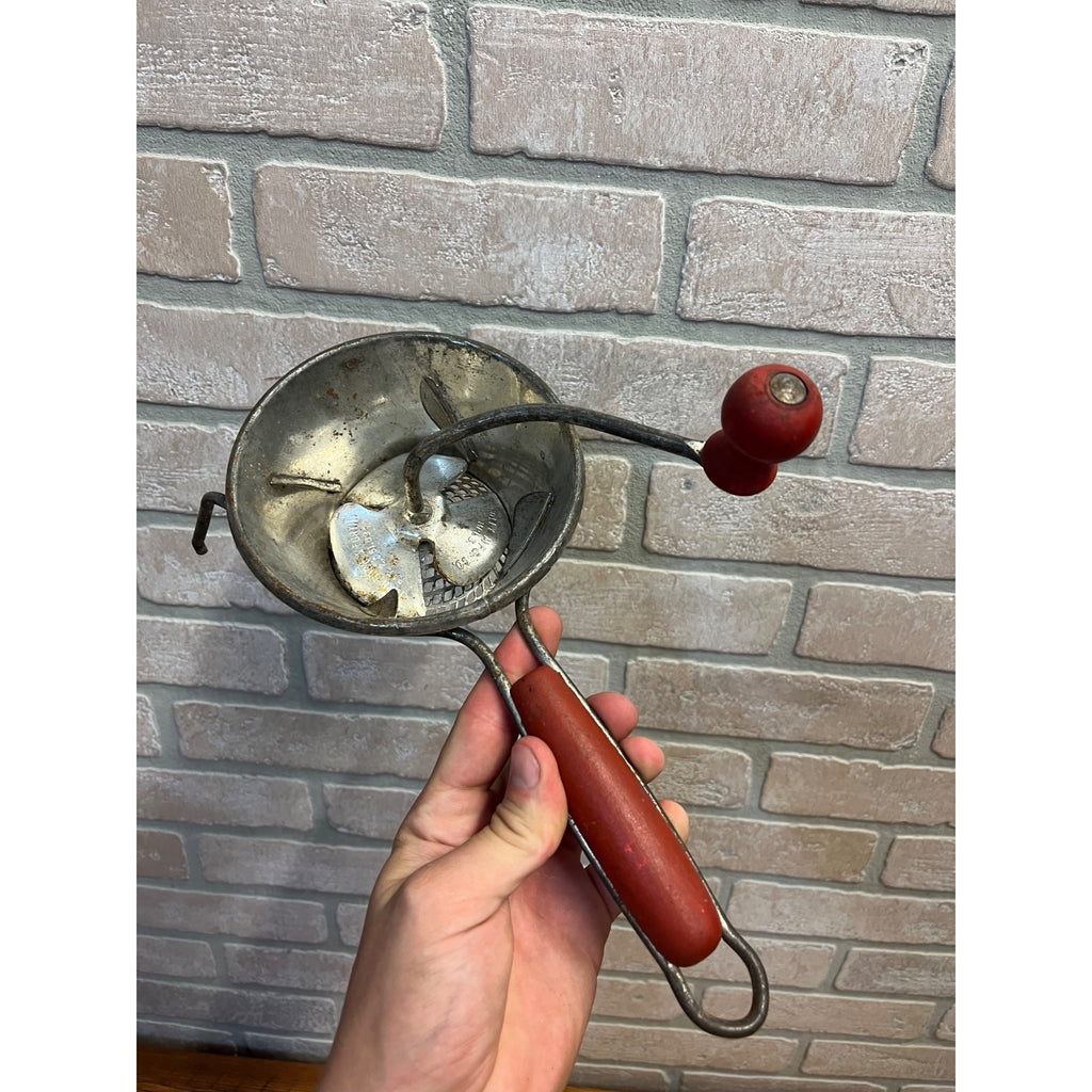 Vintage Kitchen Foley Red Wood Handle Food Mill Potato Masher Ricer Strainer 5"