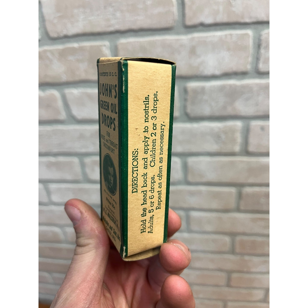 Antique John's Green Oil Drops Box Malcolm and Son Inc. Chetek, WI Wisconsin
