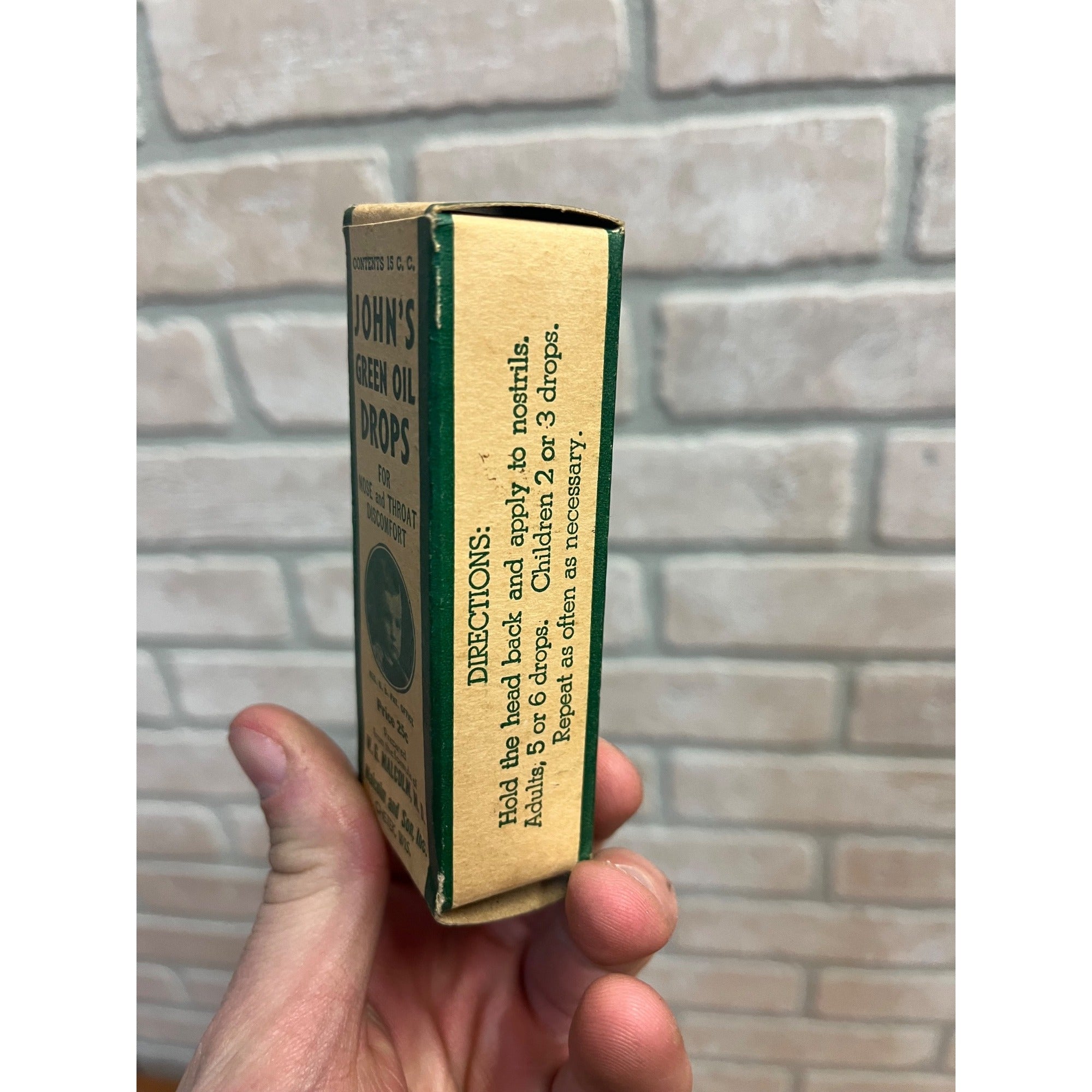 Antique John's Green Oil Drops Box Malcolm and Son Inc. Chetek, WI Wisconsin