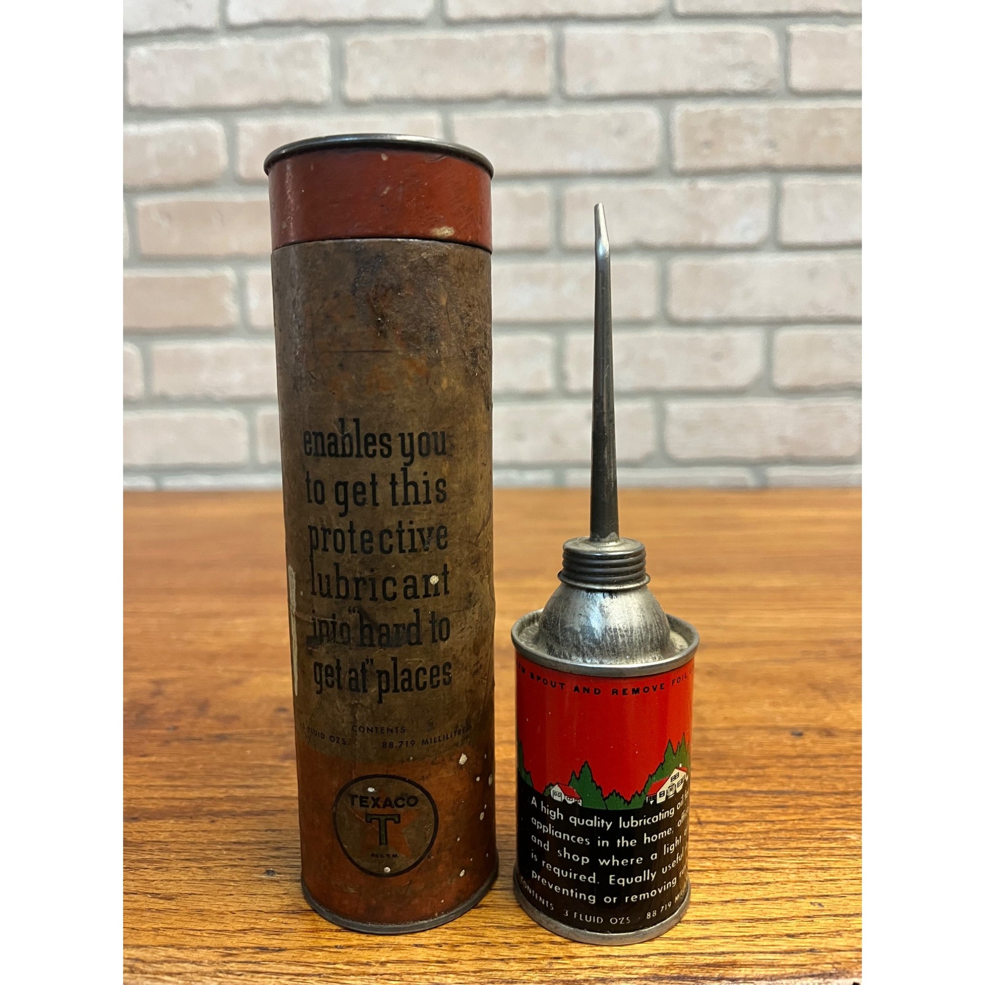 Texaco Oil Company Home Lubricant Cardboard Tube Holder and Handy Oiler Can