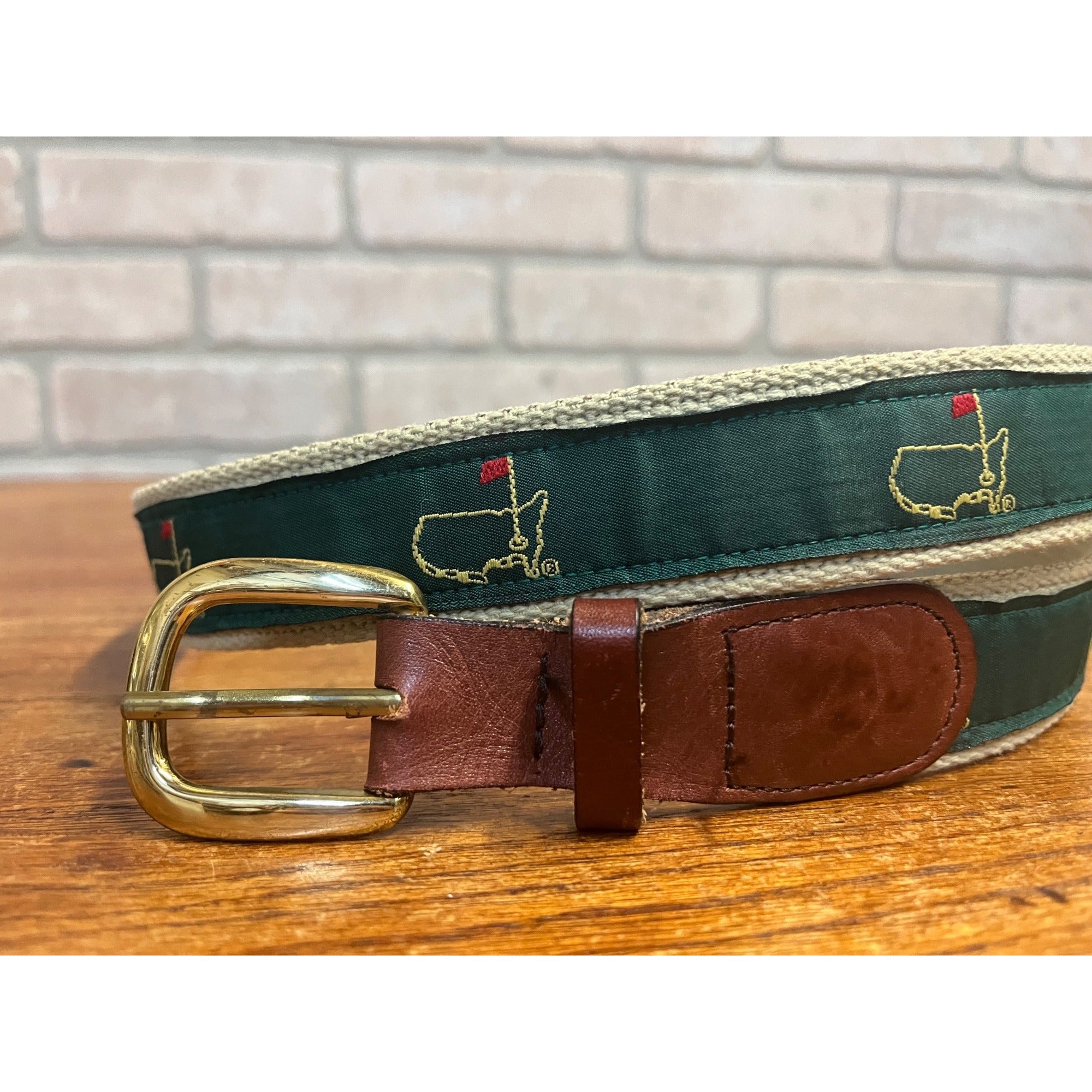 Vintage Masters Tournament Logo Golf Ribbon Belt Canvas Leather Mens Sz 38