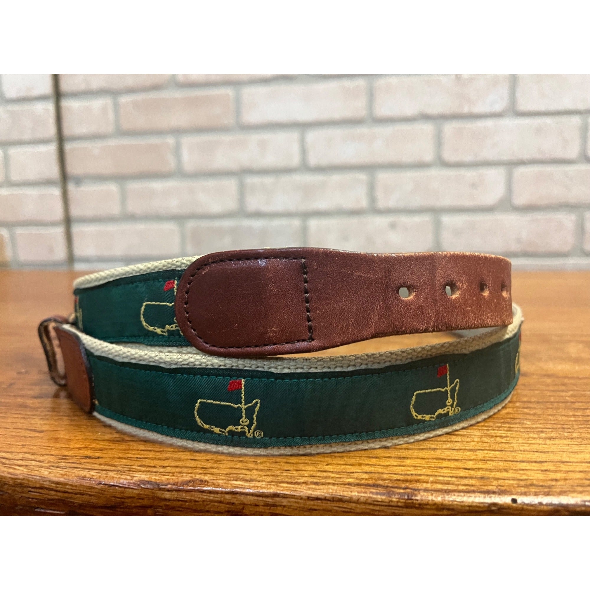 Vintage Masters Tournament Logo Golf Ribbon Belt Canvas Leather Mens Sz 38