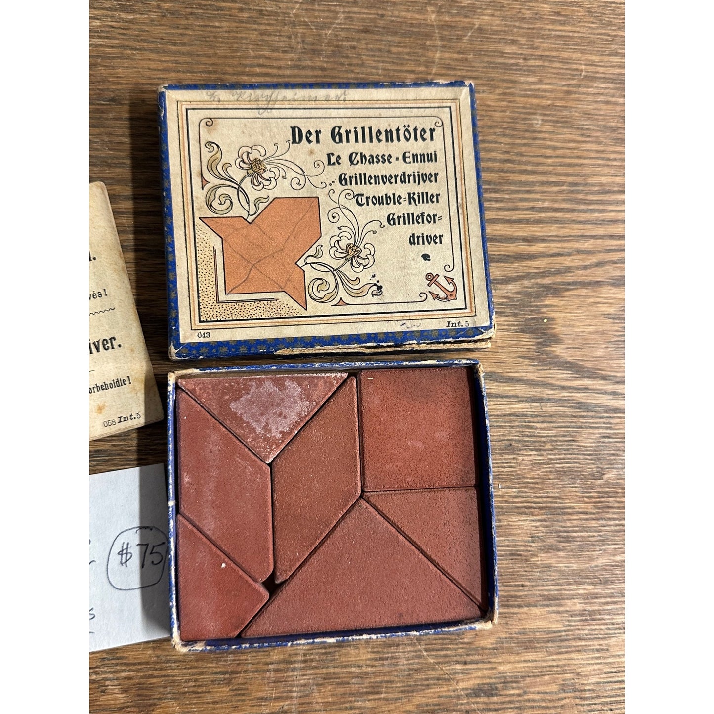 Antique 1900s Victorian Boxed Terracotta Puzzle "Trouble Killer" German Grillentoter