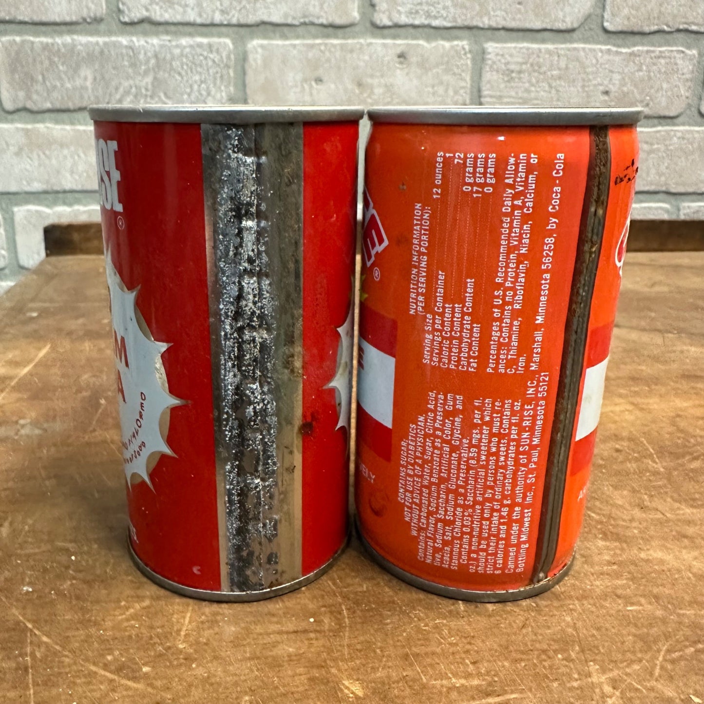 Vintage Sun Rise Soda Pop Cans (2) Orange / Red Cream Steel Pull Tab Flat Top