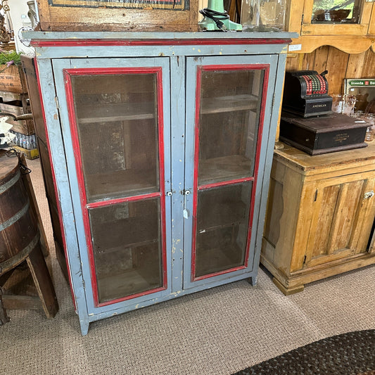 Antique Primitive Grey & Red Pie Safe Cabinet Kitchen Shelf Wire