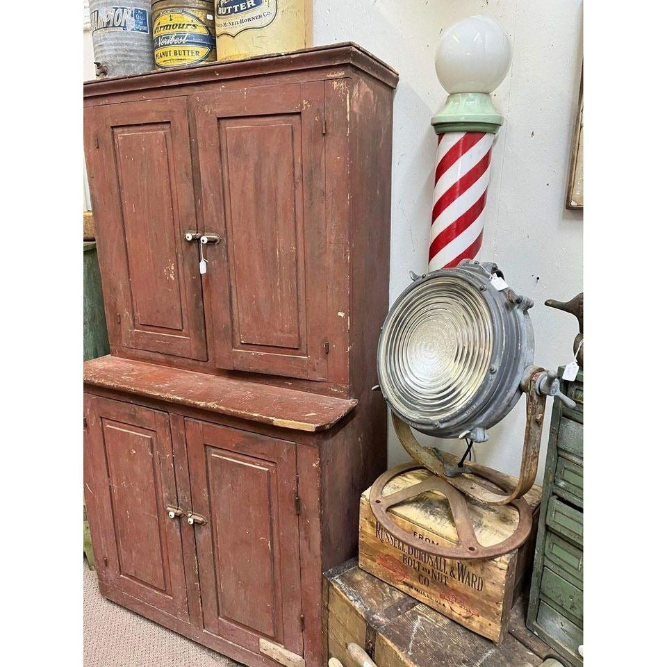 Antique Primitive Red Wooden Stepback Hutch Pantry Cupboard 19th Century