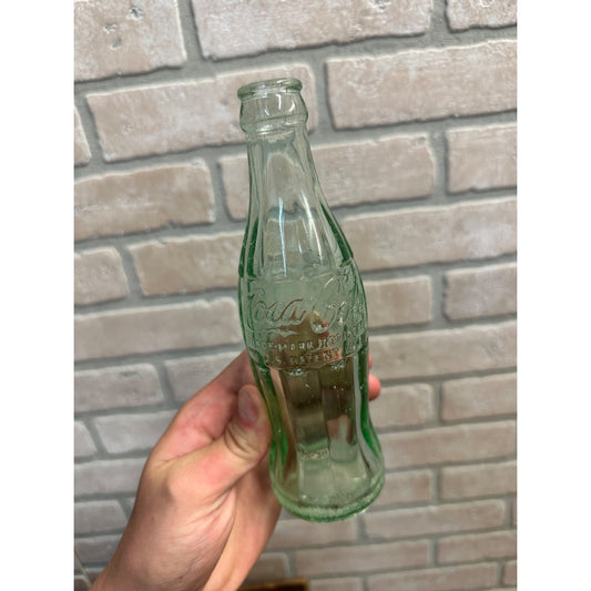 VINTAGE COCA COLA HEAVY 8 OZ GREEN EMBOSSED GLASS SODA BOTTLE - RHINELANDER WI