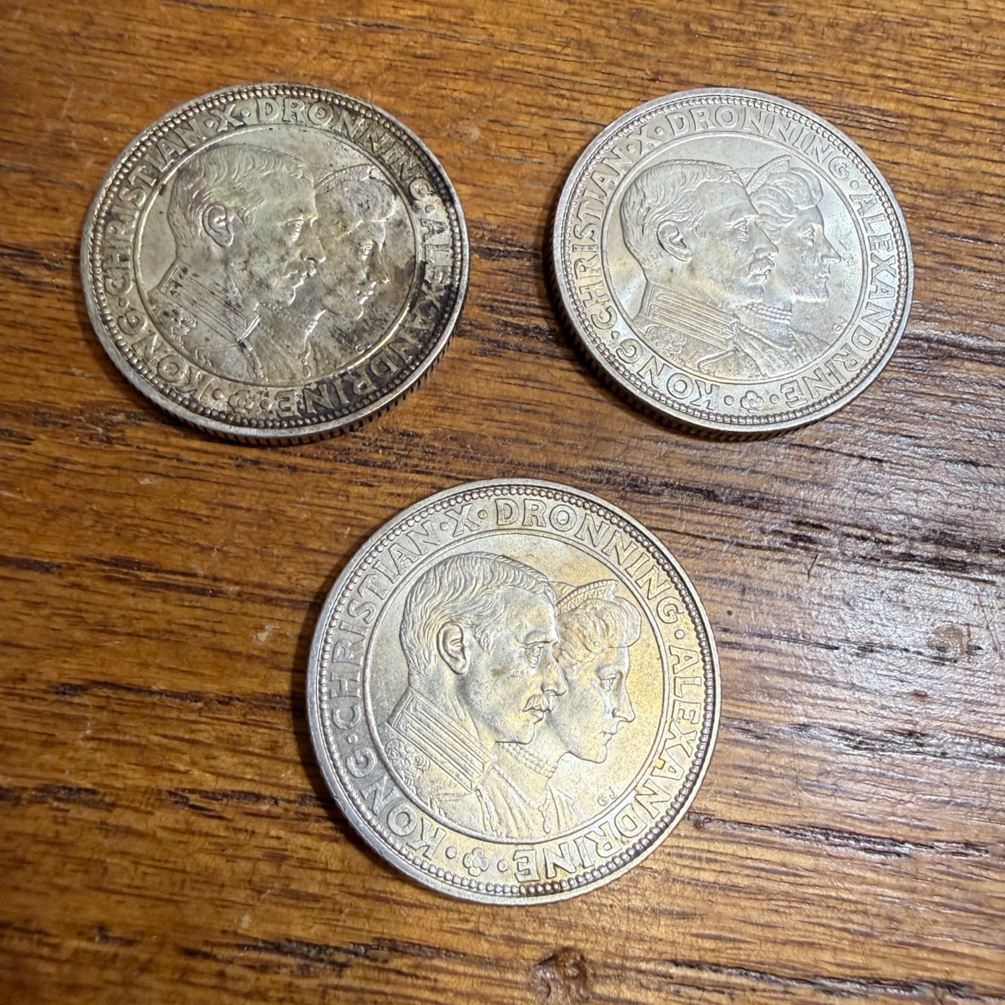 Lot of 3 Denmark 1923 Silver 2 Kroner Silver Wedding Anniversary Coins