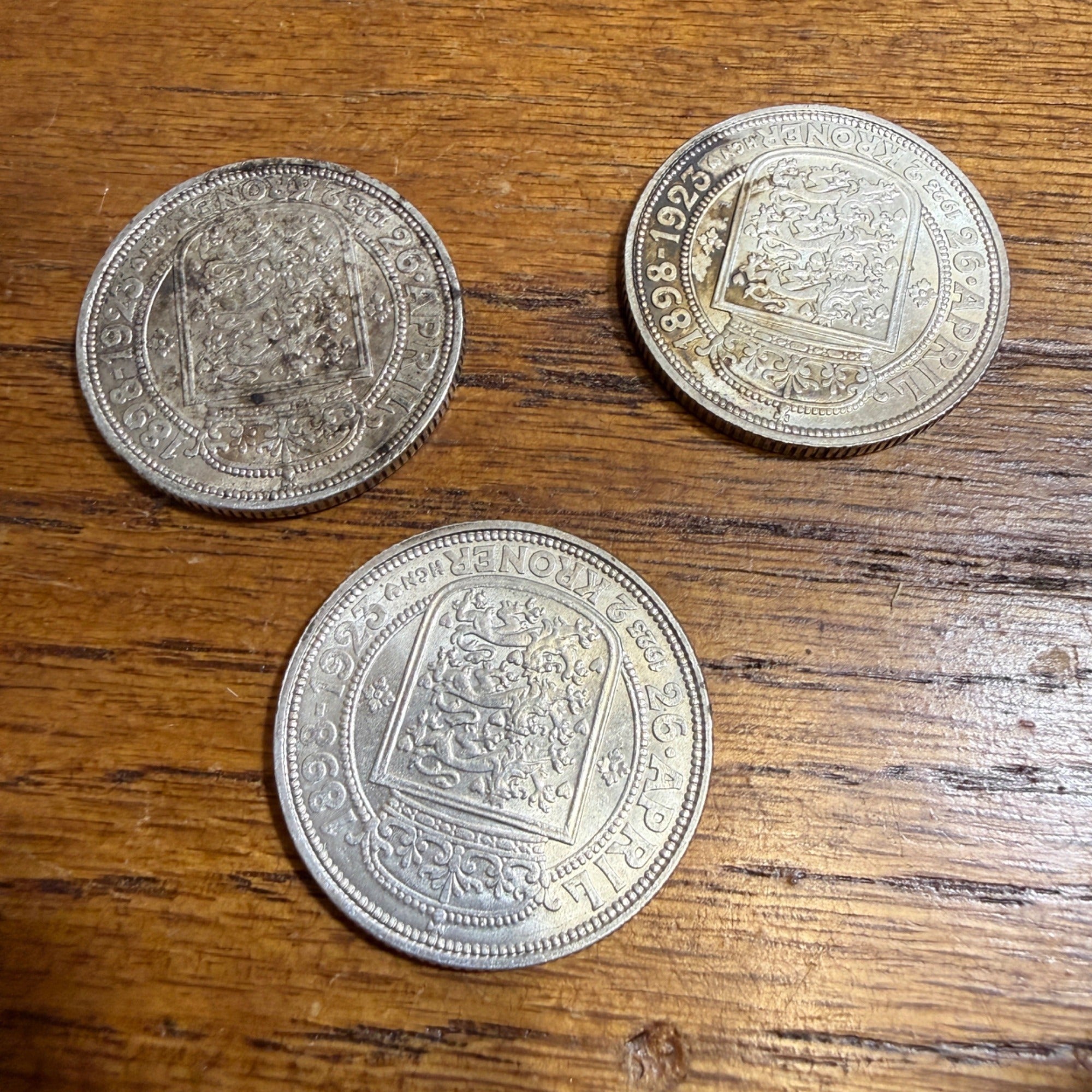 Lot of 3 Denmark 1923 Silver 2 Kroner Silver Wedding Anniversary Coins