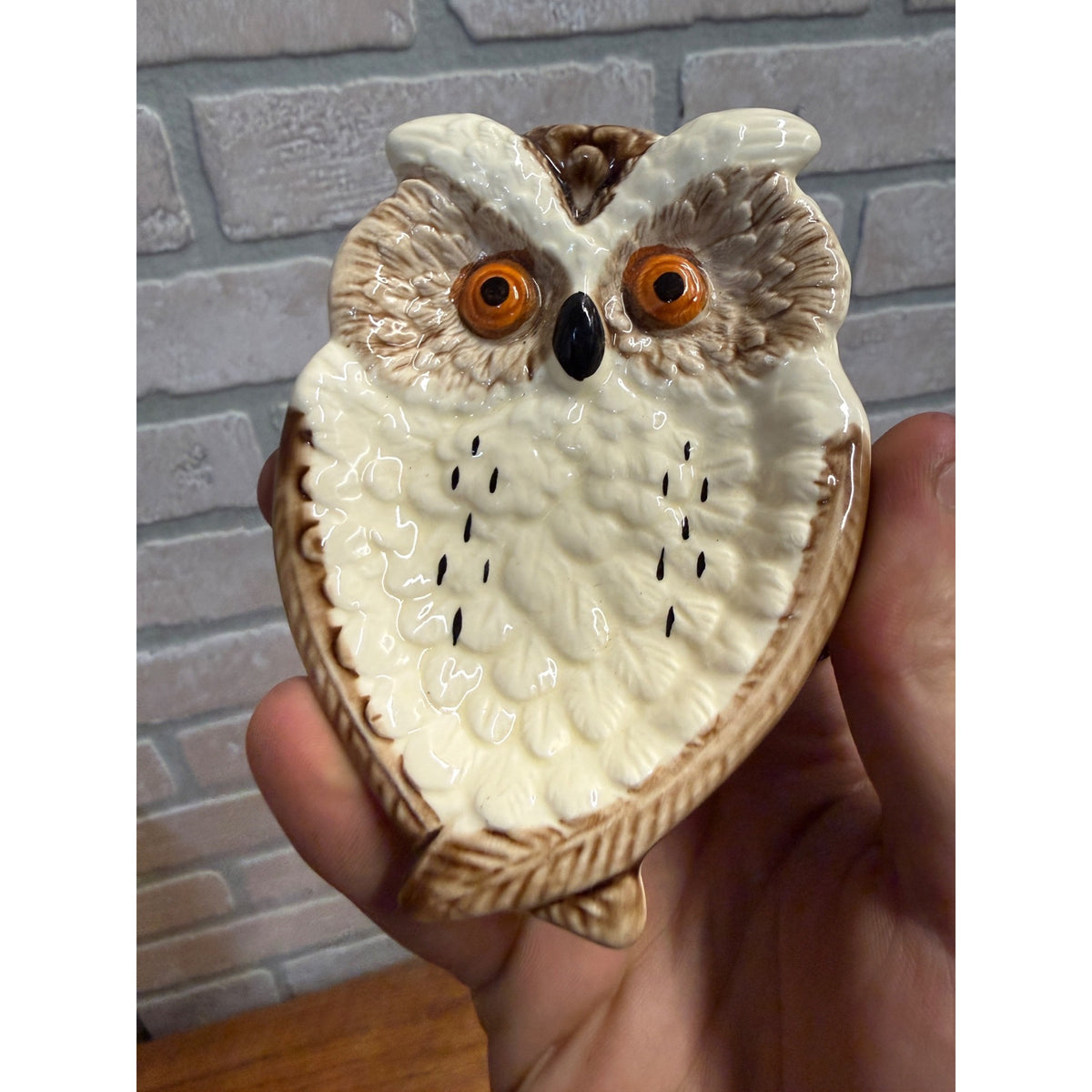 Vintage 1960s Fairway Japan Owl Trinket Dish Ceramic Glazed 4"x 3"