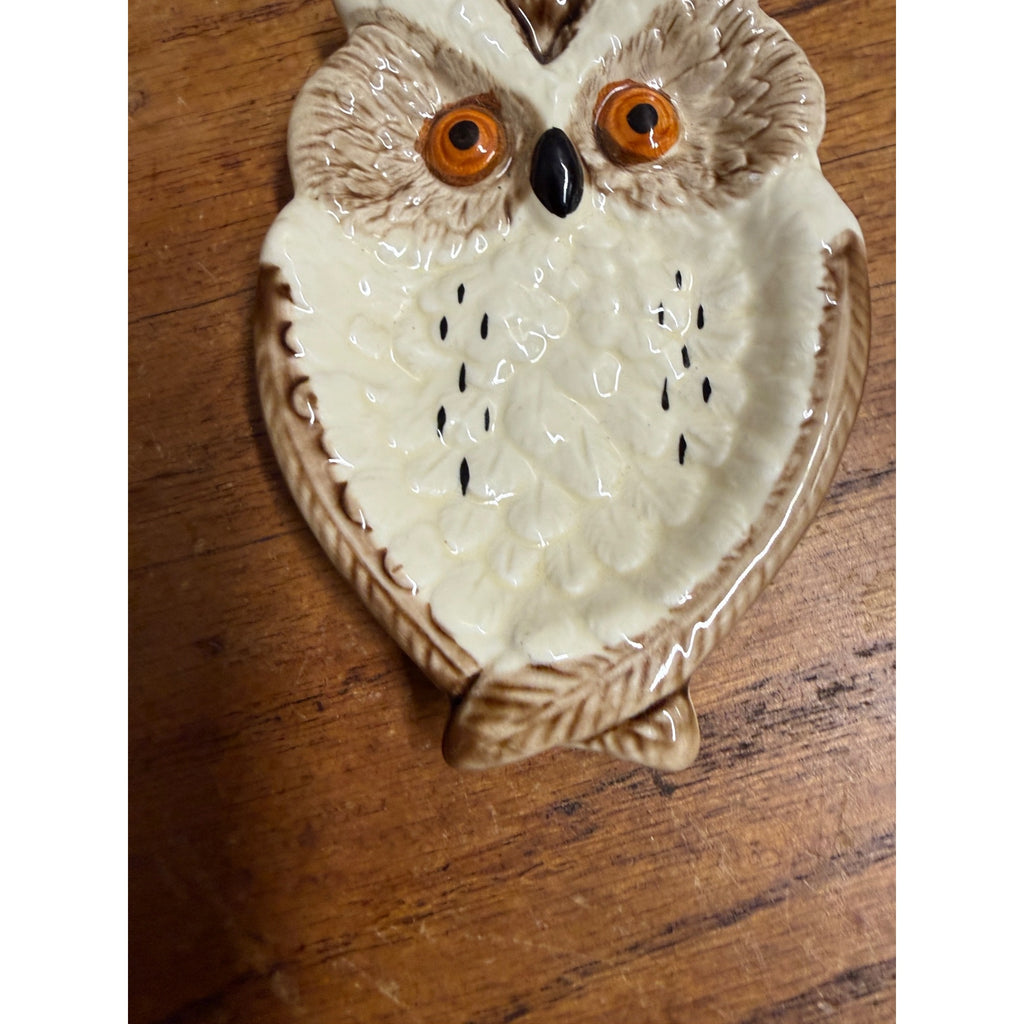 Vintage 1960s Fairway Japan Owl Trinket Dish Ceramic Glazed 4"x 3"