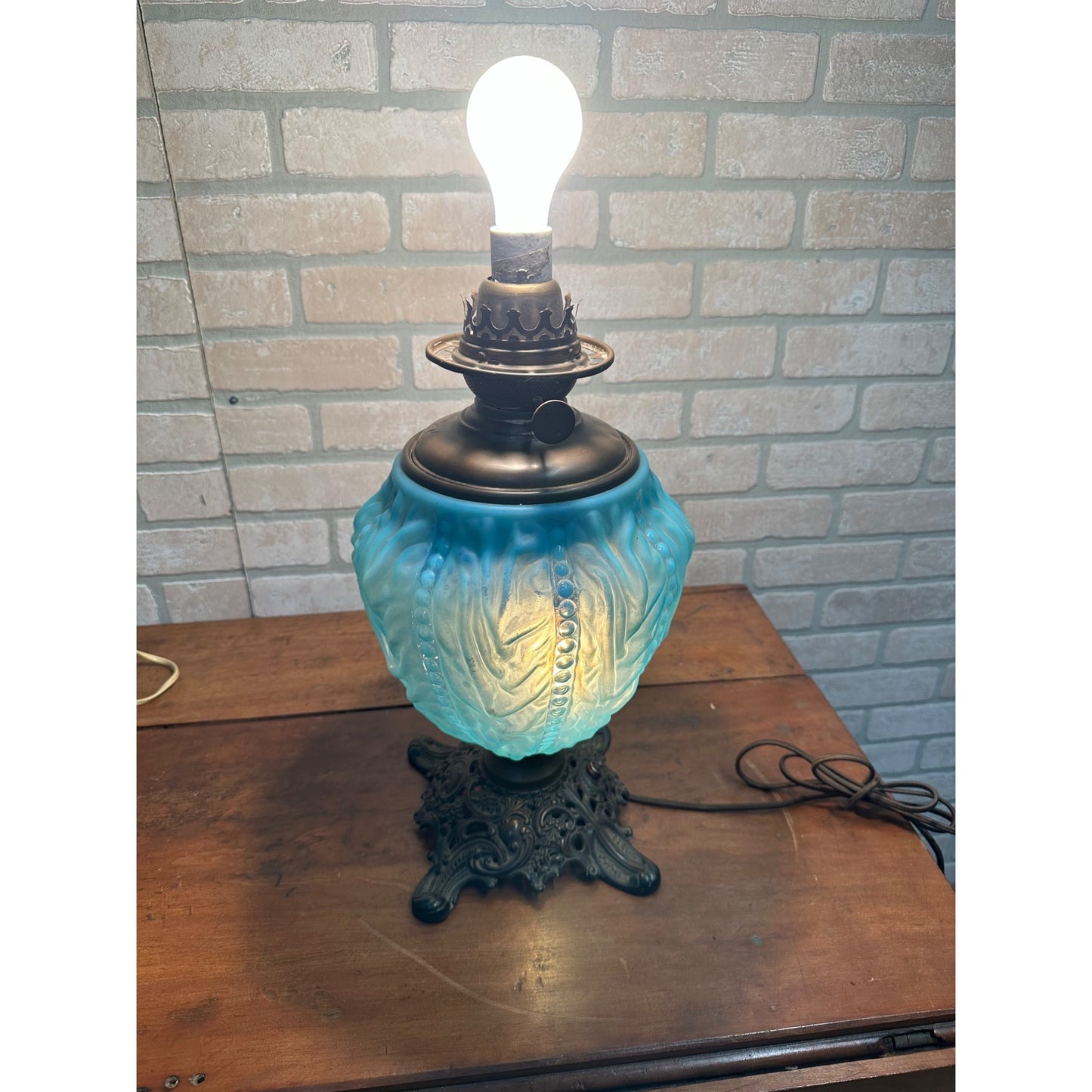 Antique Pittsburgh Lamp Co. Blue Satin Beaded Drape GWTW Oil Lamp Electrified