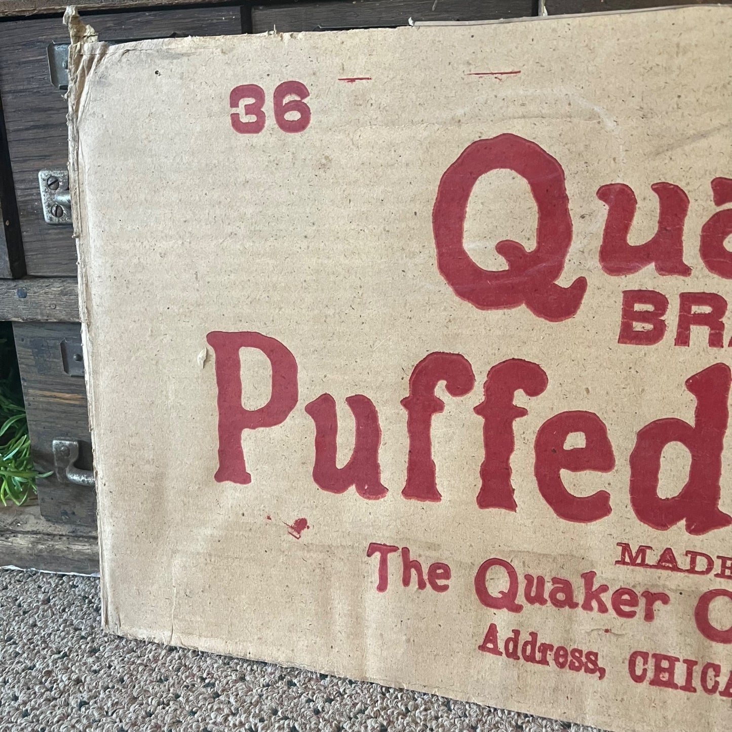 Antique 1910s Quaker Puffed Wheat Cereal Advertising Sign Cardboard Kitchen