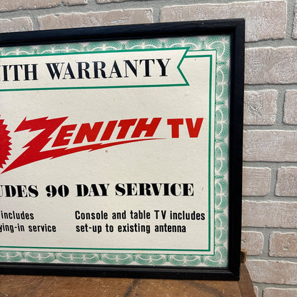 Vintage 1960s Zenith Television TV Store Display Advertising Sign Framed Warranty