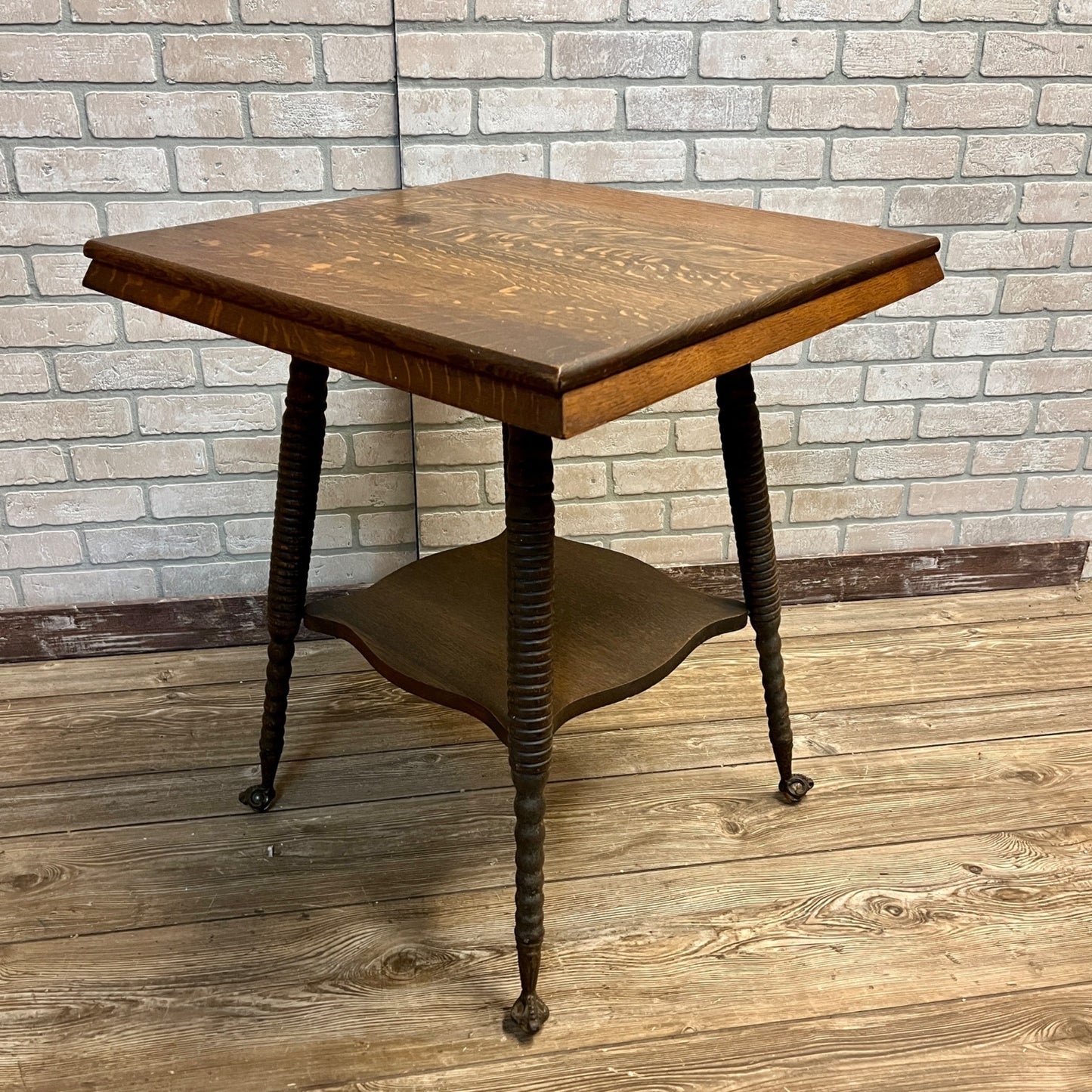 Antique 1900s Oak Parlor Side End Table w/ Glass Ball & Claw Feet