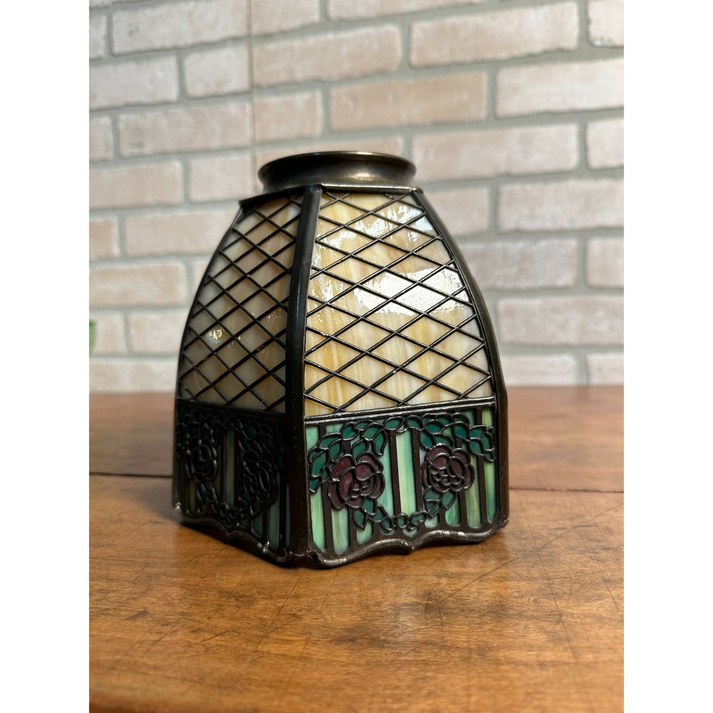 Rare Vintage 1920s HANDEL Signed Trellis Rose Glass Shade Desk Lamp