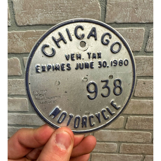 Vintage 1980 Chicago Motorcycle Vehicle Tax Tag Embossed Sign