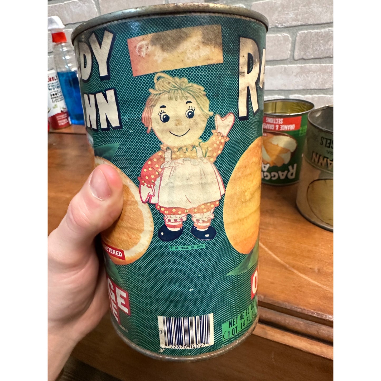 Vintage 1930s Raggedy Ann Tin Paper Label Cans Orange Juice, Pineapple, Grapefruit
