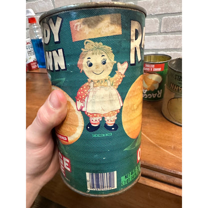 Vintage 1930s Raggedy Ann Tin Paper Label Cans Orange Juice, Pineapple, Grapefruit