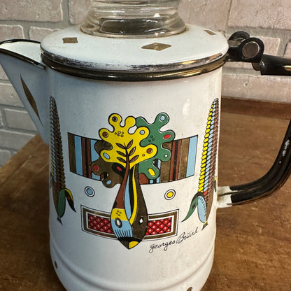 GEORGES BRIARD Vegetables Corn Chard Coffee Pot Percolator White Enamel