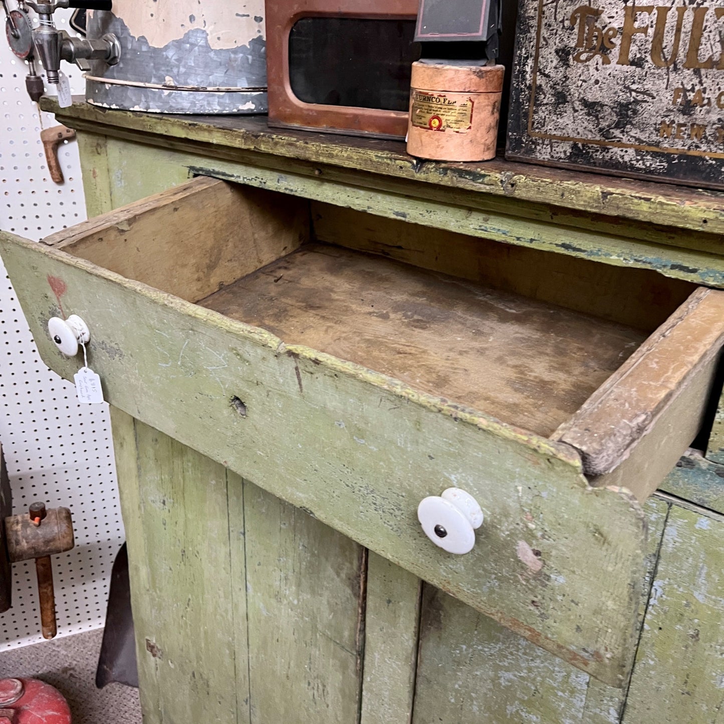 Antique Primitive Green Apple Tall Wooden Jelly Cabinet Pantry Cupboard