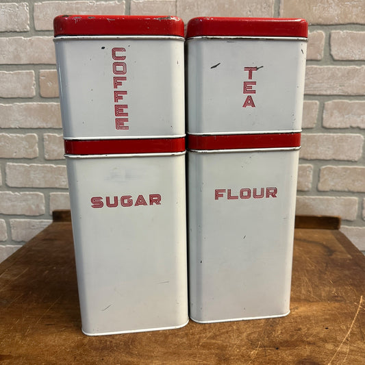 Vintage 1940s Kitchen Canister Enamelware 4pc Set Red/White Mid Century Coffee ++