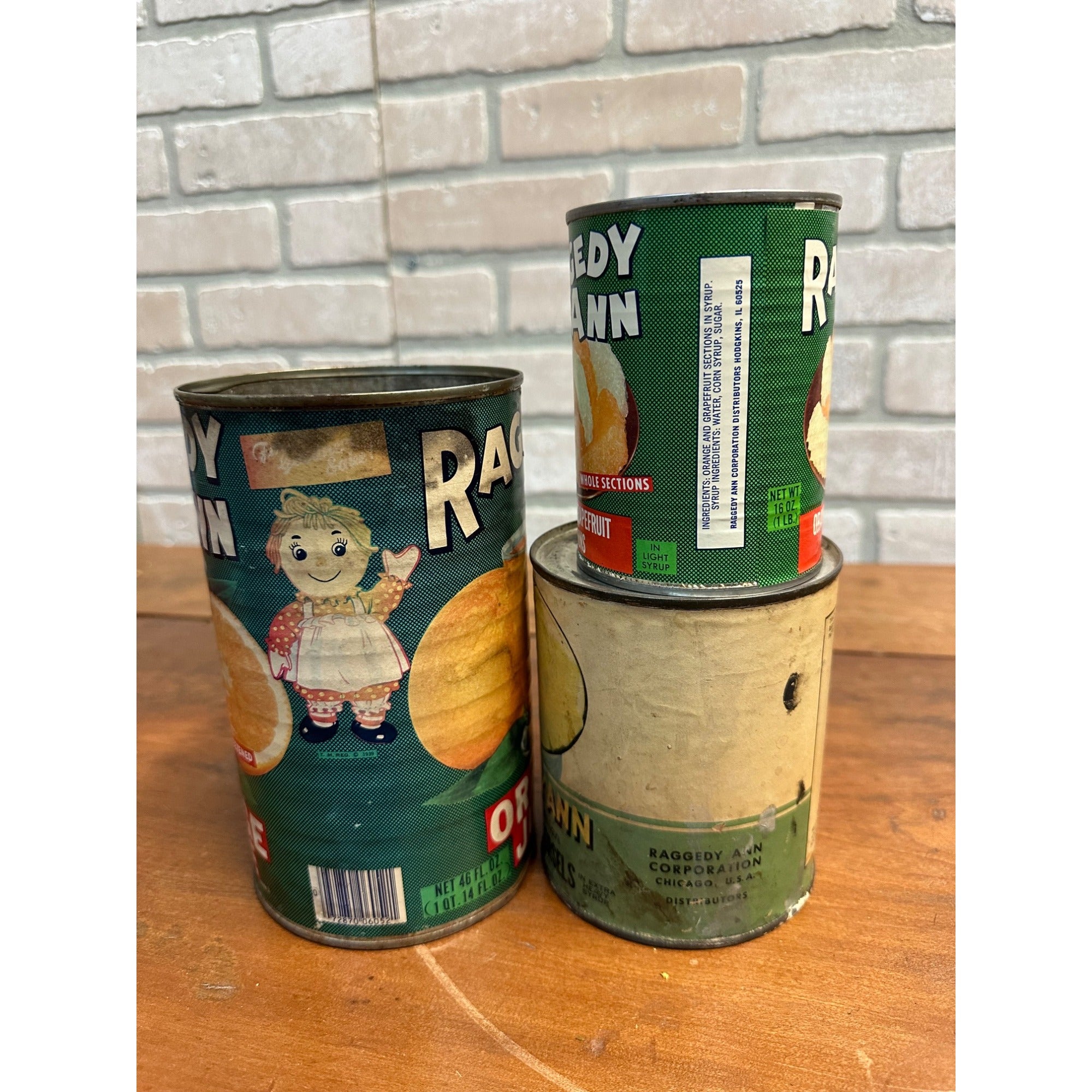 Vintage 1930s Raggedy Ann Tin Paper Label Cans Orange Juice, Pineapple, Grapefruit