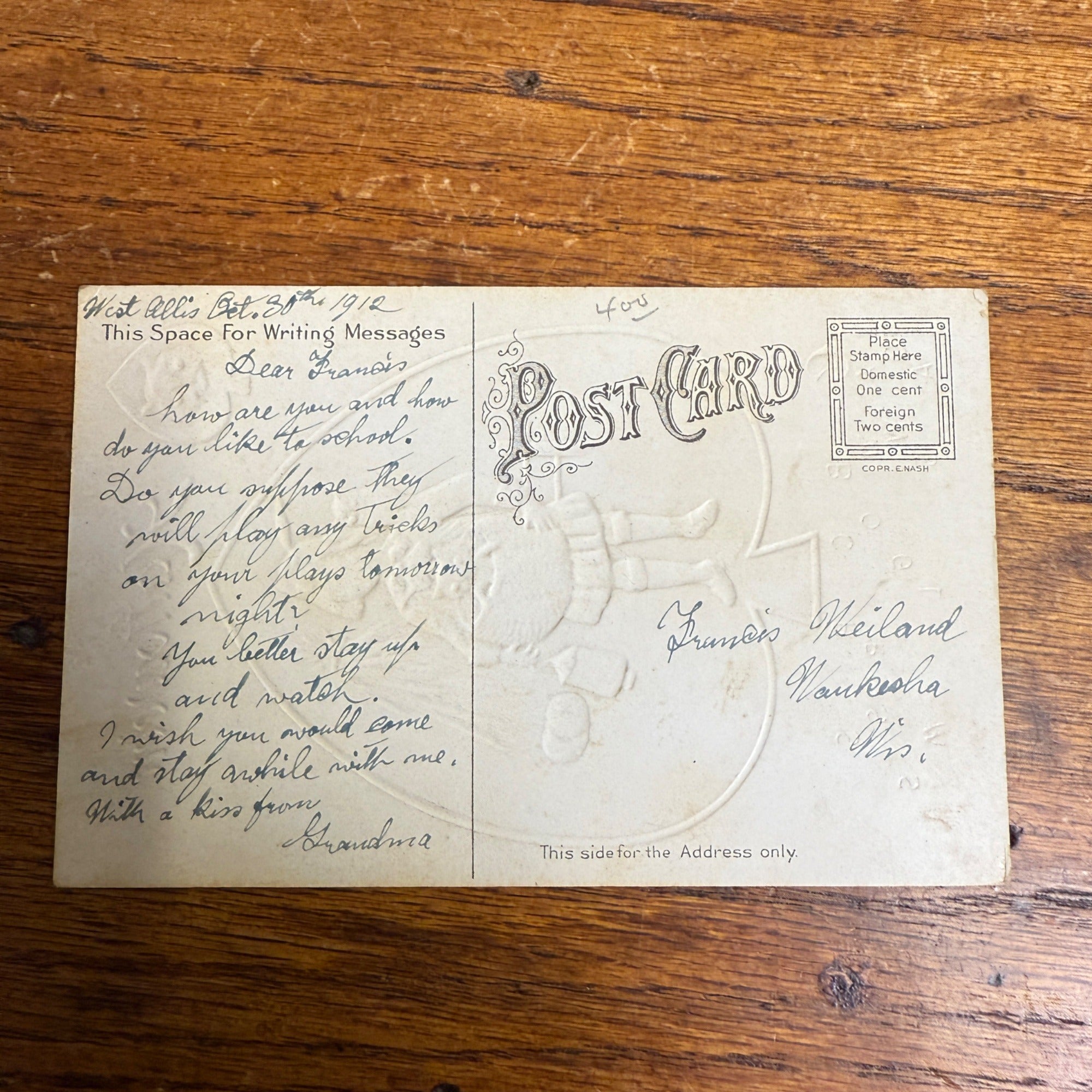 Vintage Halloween Postcard 1912 Nash Boy with Black Cat Owl JOL