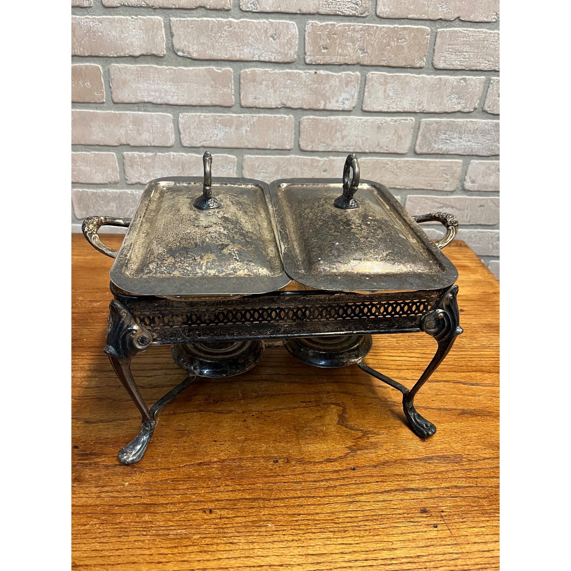 Vintage Sheridan Silver Plated Double Chafing Dish Food Warmer 2 Burner Catering