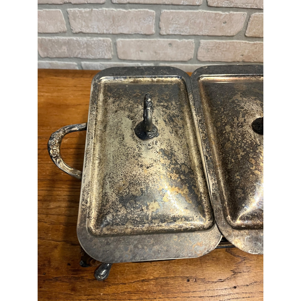 Vintage Sheridan Silver Plated Double Chafing Dish Food Warmer 2 Burner Catering