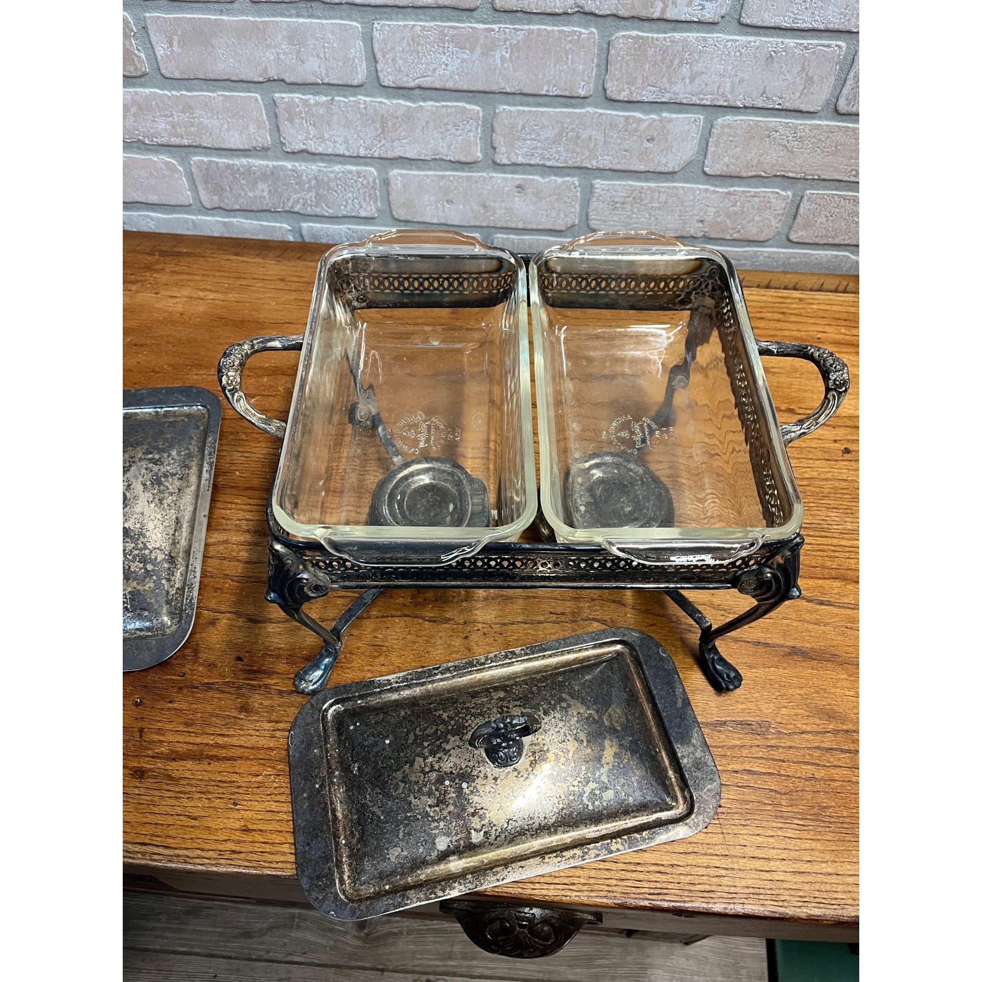 Vintage Sheridan Silver Plated Double Chafing Dish Food Warmer 2 Burner Catering