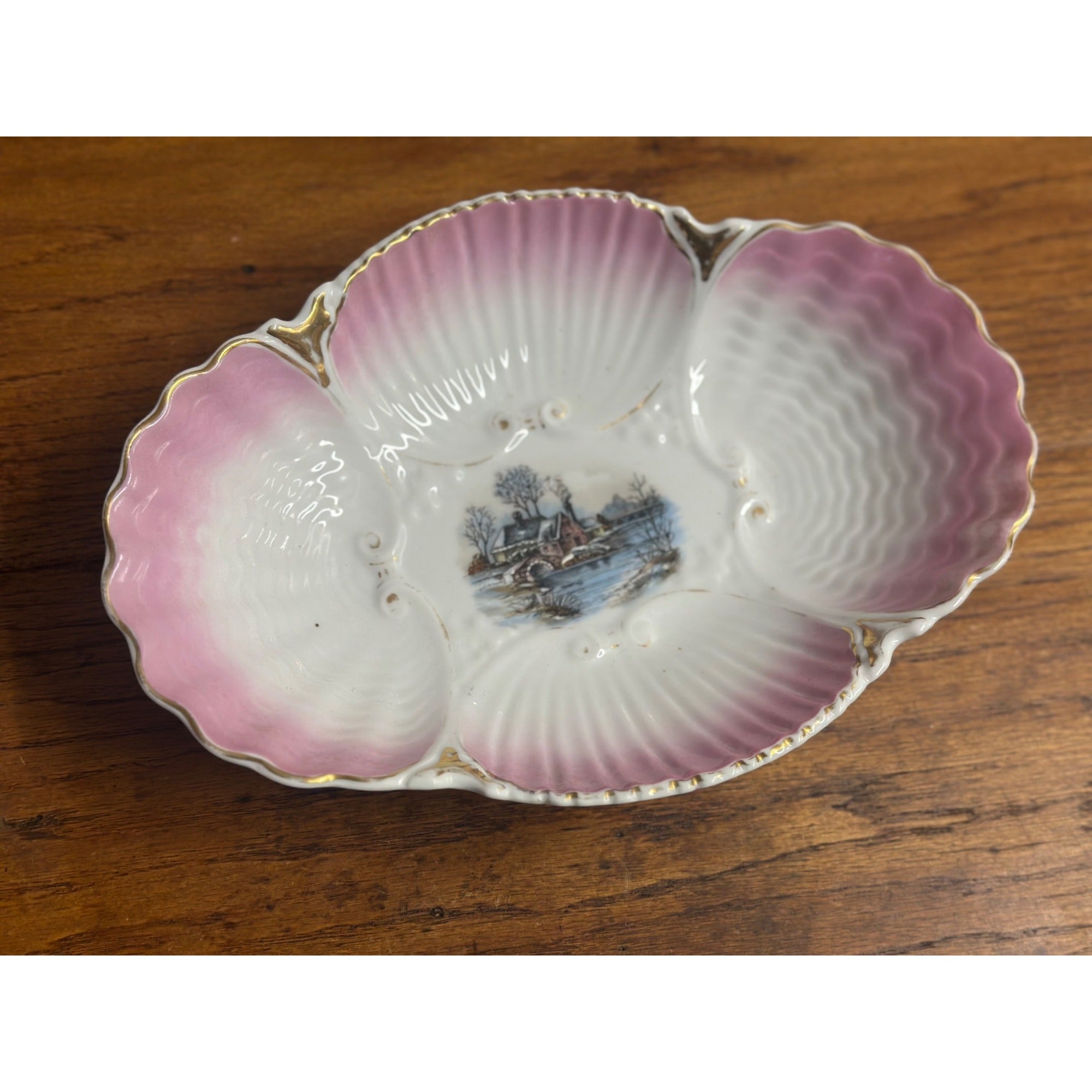 Antique Scalloped Serving Bowl Dish Hand Painted Winter Scene Porcleain Pink Gold