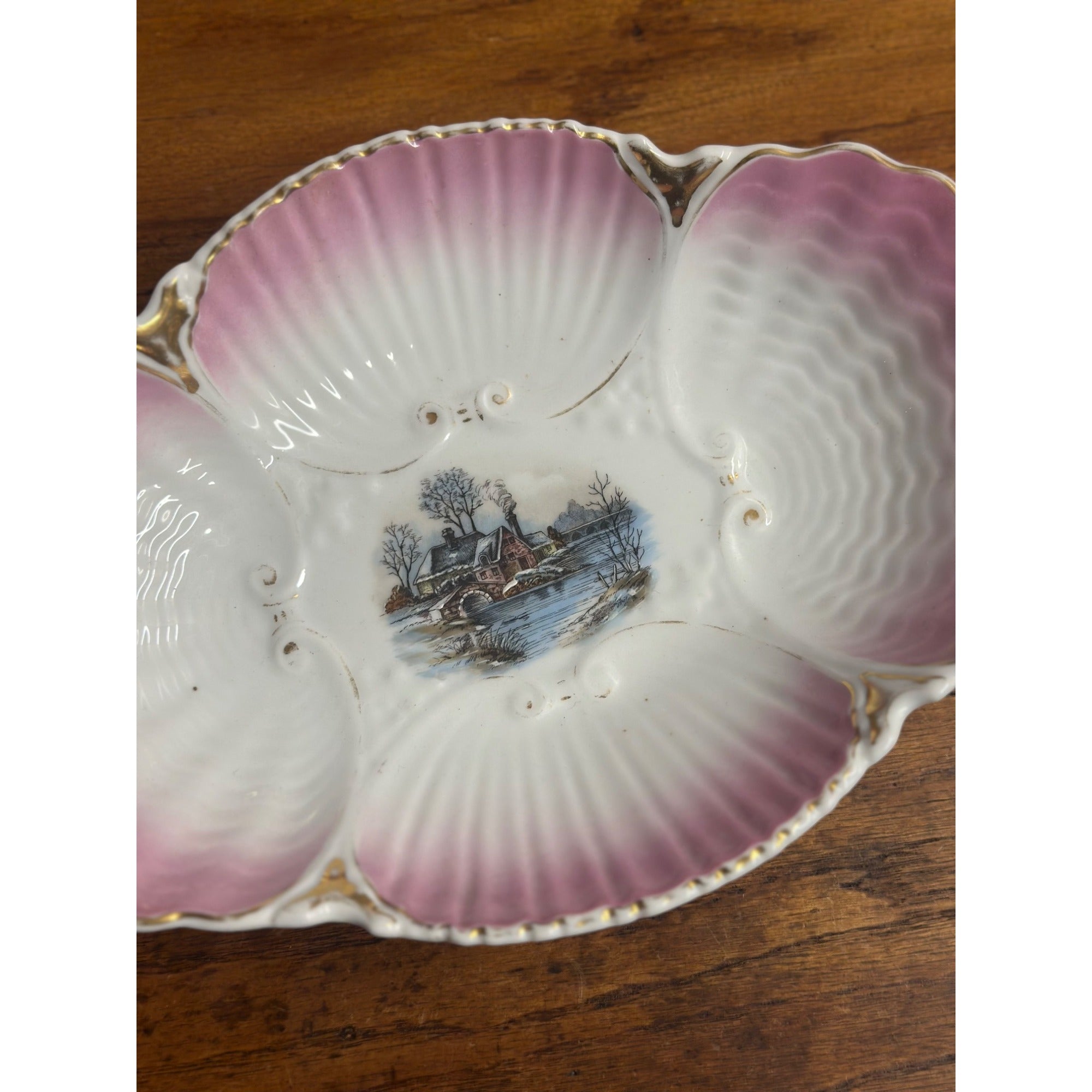 Antique Scalloped Serving Bowl Dish Hand Painted Winter Scene Porcleain Pink Gold