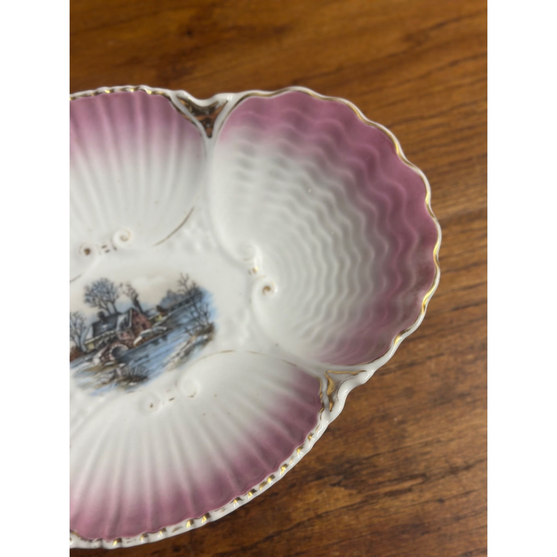 Antique Scalloped Serving Bowl Dish Hand Painted Winter Scene Porcleain Pink Gold