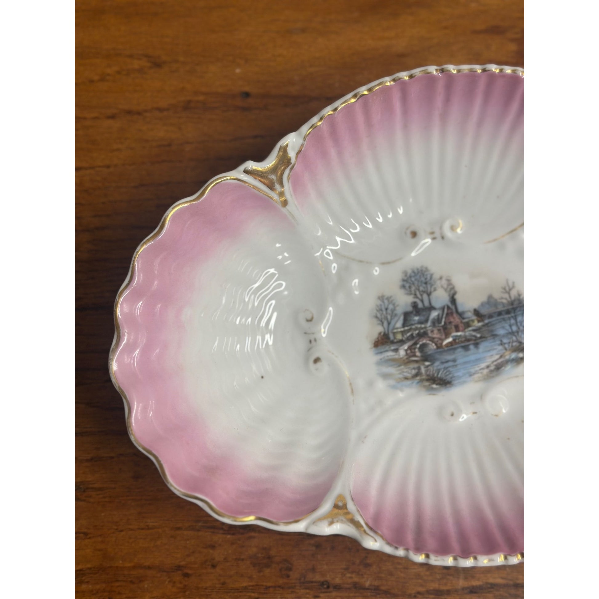 Antique Scalloped Serving Bowl Dish Hand Painted Winter Scene Porcleain Pink Gold