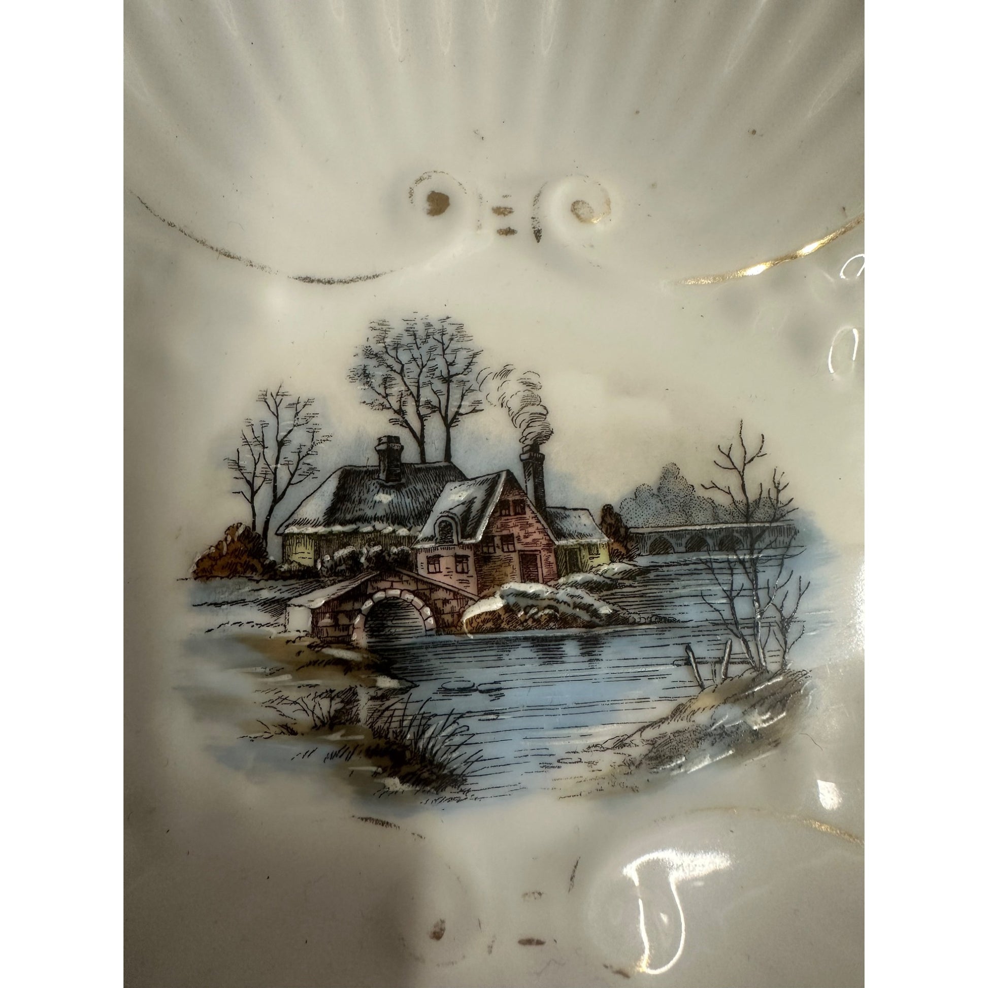 Antique Scalloped Serving Bowl Dish Hand Painted Winter Scene Porcleain Pink Gold