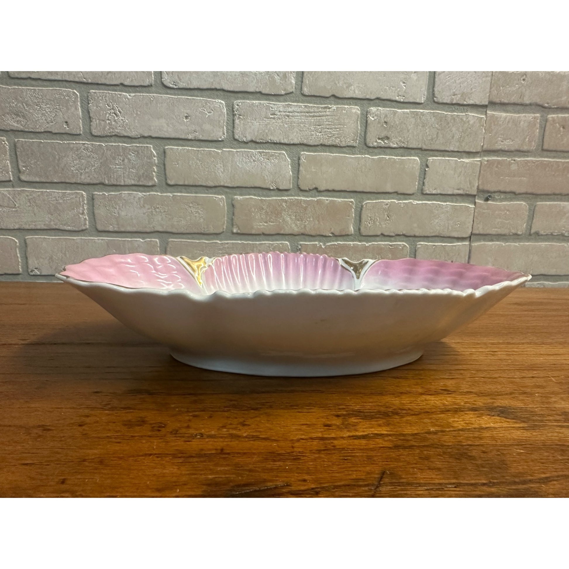 Antique Scalloped Serving Bowl Dish Hand Painted Winter Scene Porcleain Pink Gold
