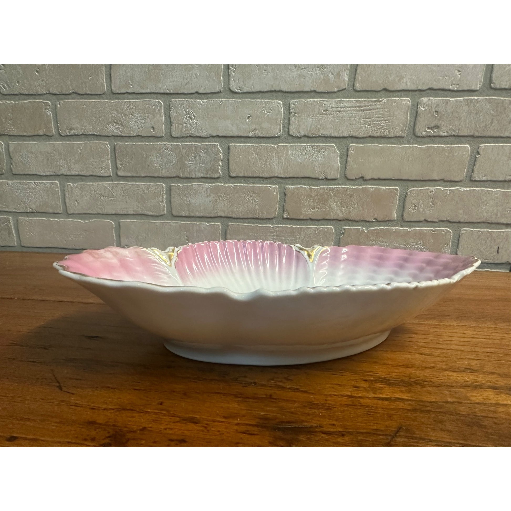 Antique Scalloped Serving Bowl Dish Hand Painted Winter Scene Porcleain Pink Gold