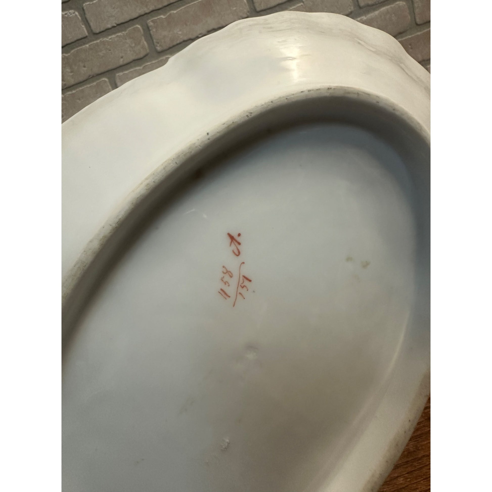 Antique Scalloped Serving Bowl Dish Hand Painted Winter Scene Porcleain Pink Gold