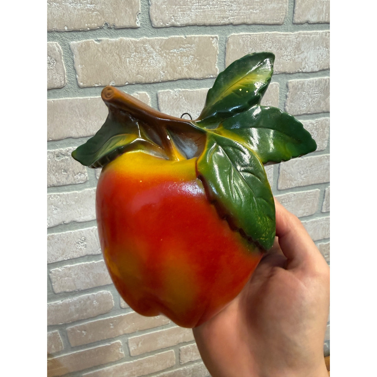 Vintage Large Chalkware Wall Pocket APPLE Shaped STRING HOLDER WALL DECOR